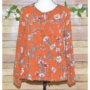 Cute Altar'd State Boho Fall Orange Long Balloon Sleeve Tunic Top Size M Floral